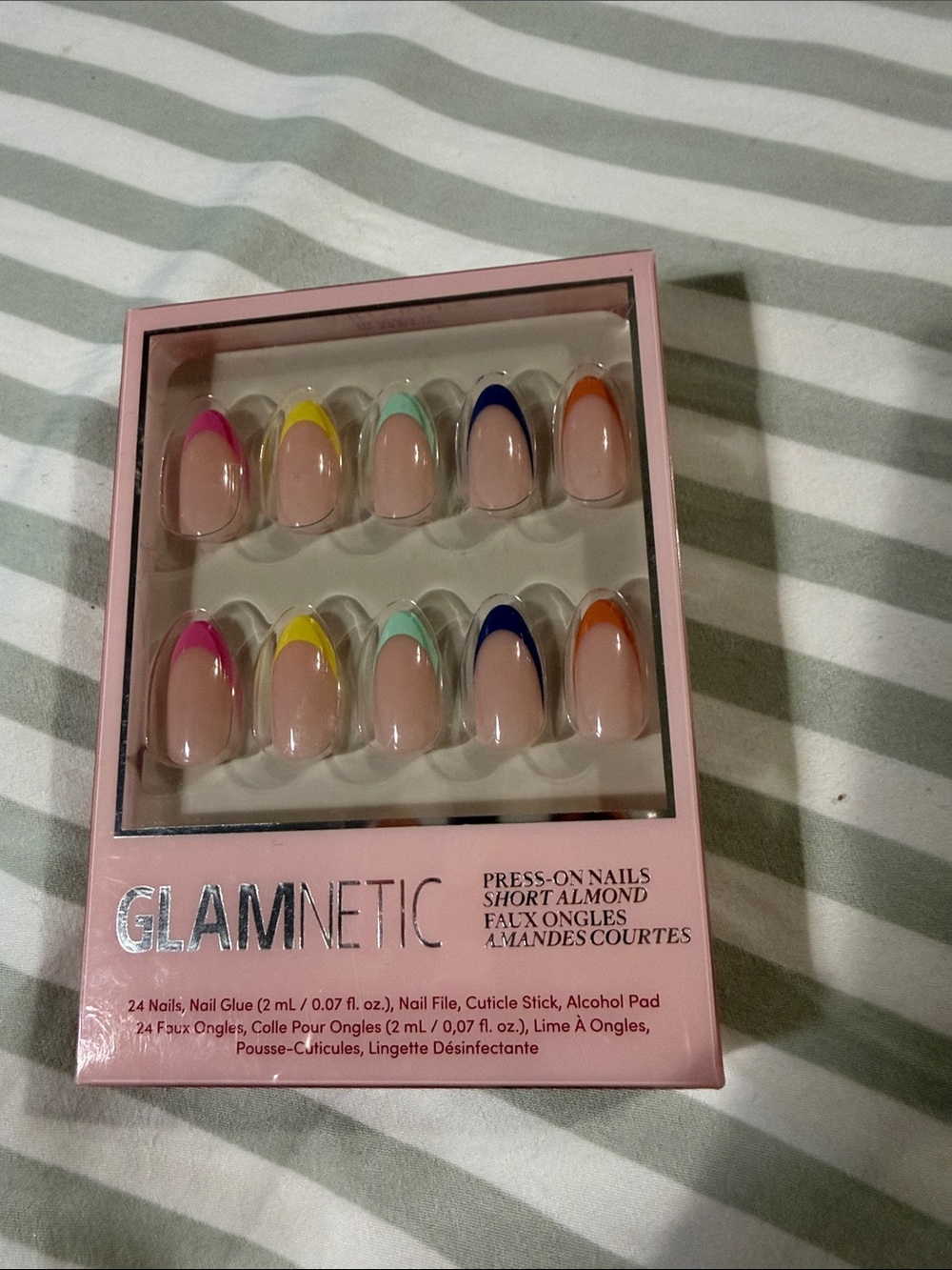 GLAMNETIC Short Almond Press-On Nails in Nude with Multicolor Tips